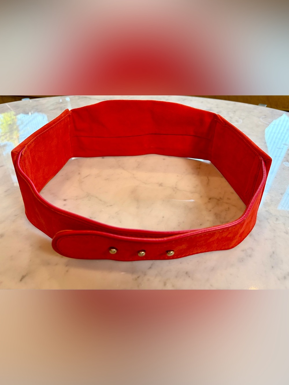 Miss Sixty VTG suede cummerbund belt, disco panels, peg/hole, 4”w, 31-34”, red - Picture 14 of 15